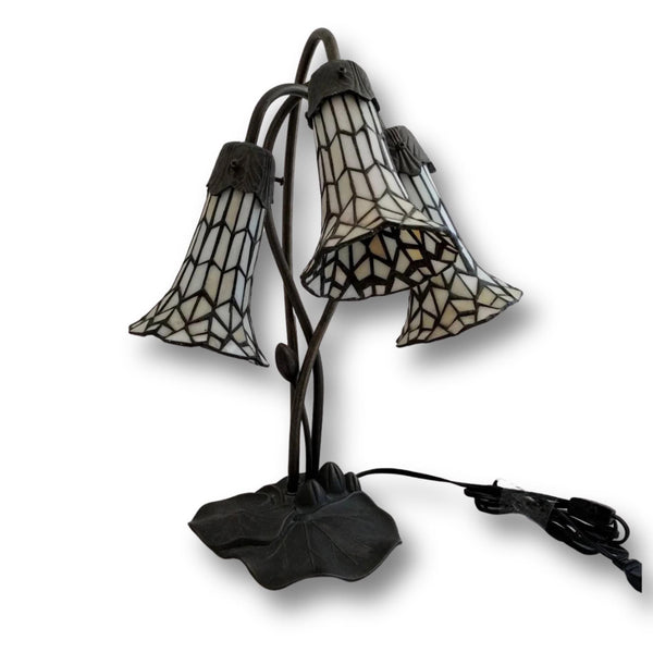 Tiffany-Style Pond Lily Table Lamp – Trumpet Tulip Design, 3-Light Mahogany Bronze Base, Milk White & Peach Art Glass Shades