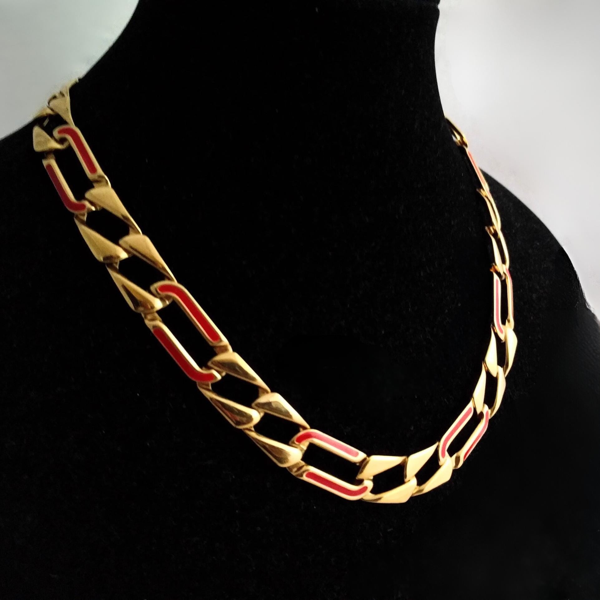 Vintage MONET gold chain necklace with red enamel accents, 21 inches long, signed MONET - Signed MONET wide chain link necklace, vintage gold-tone with red enamel, 21 inches