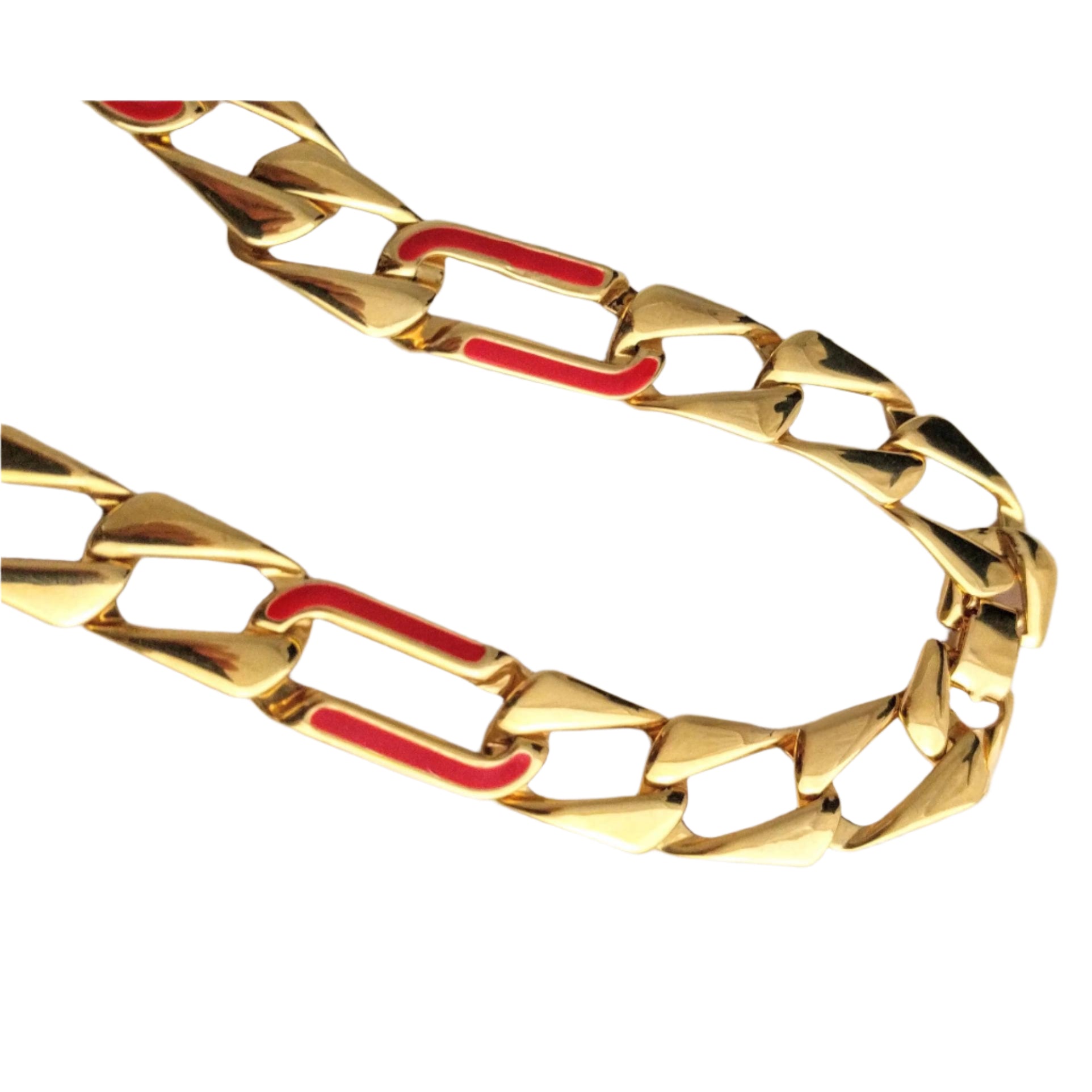 Vintage gold chain necklace by MONET, red enamel accent, 54cm wide chain link necklace - MONET gold-tone necklace, signed vintage jewelry with red enamel accents, 21-inch length - Elegant vintage MONET necklace