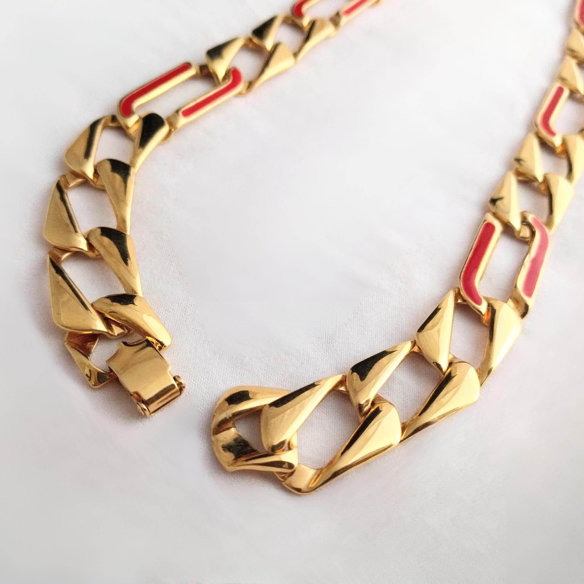 Vintage gold chain link necklace by MONET, red enamel accents, excellent condition