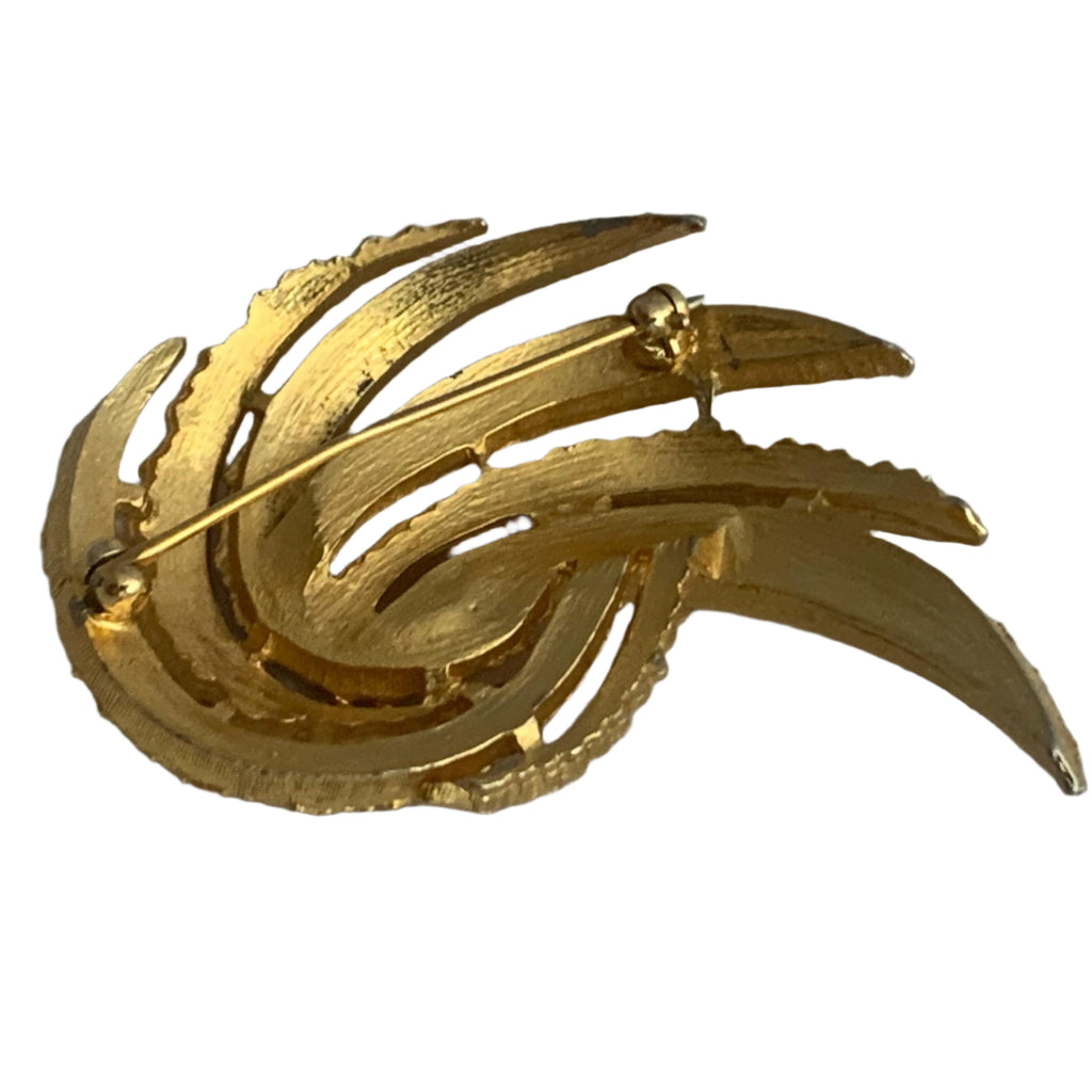 Vintage gold wing brooch, textured leaf design, 2.5-inch burnished gold pin