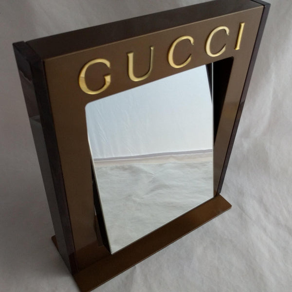 Gucci Table Mirror – Authentic Vintage Pivoting Mirror, Brown Metal & Wood Finish, 12" x 10", Collectible Designer Piece