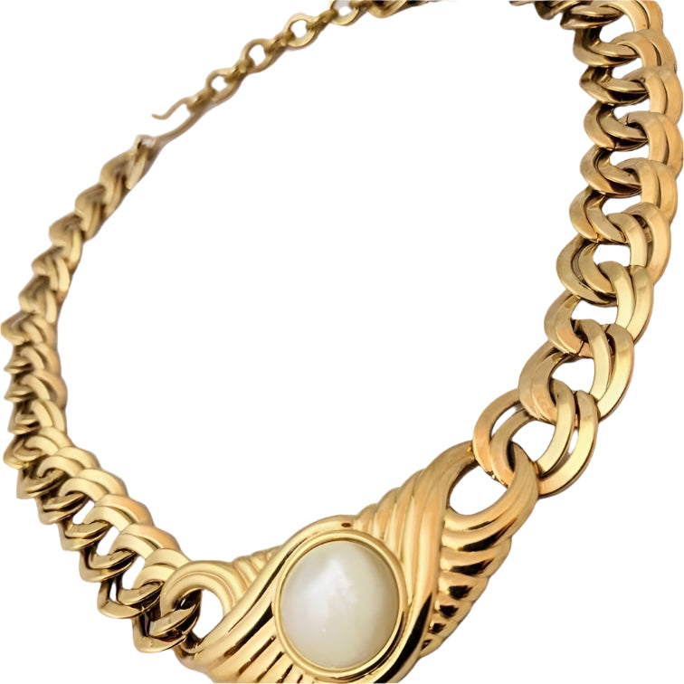 1970s Monet statement necklace, double link chain with cream centerpiece