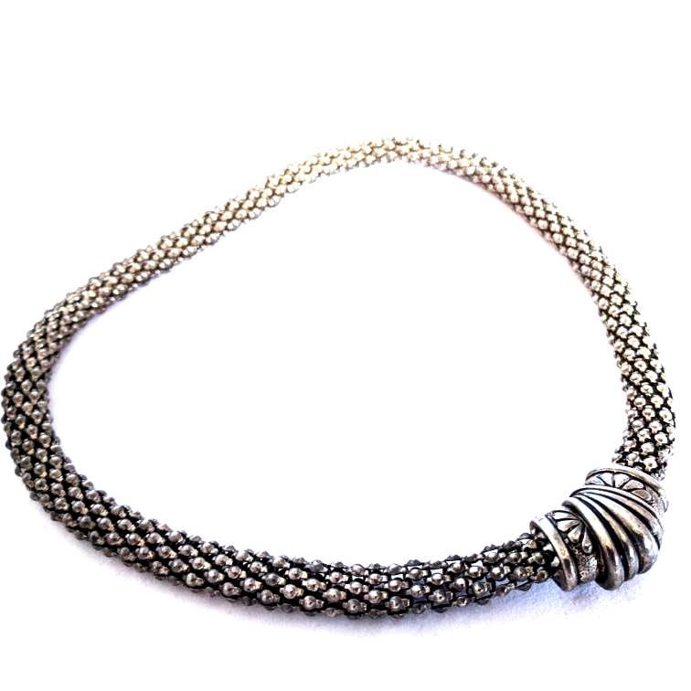 Vintage silver-tone woven mesh choker necklace, heavy popcorn chain, 16-inch