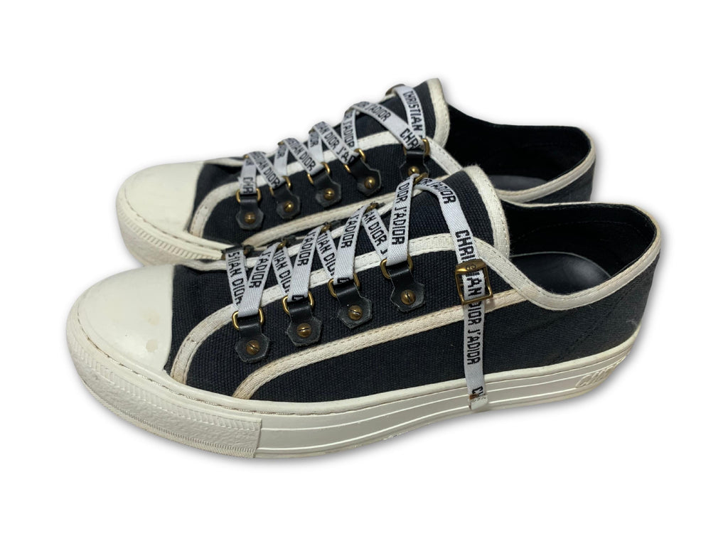 Luxury Dior black canvas shoes with J’Adior logo on sole and laces