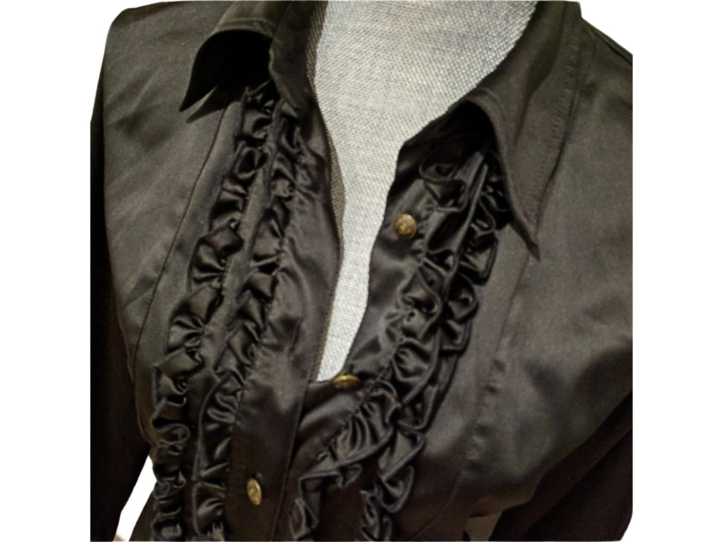 Luxury Moschino black blouse, elegant satin ruffled button-up, long sleeves