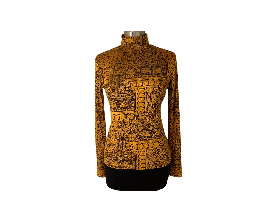 Elegant French knitwear, Rodier Paris top with velvet motif, mock neck style