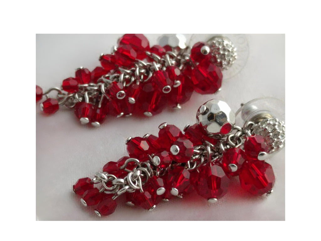 Swarovski Diamanta Pave Earrings with Red Crystal Cluster Jackets – Rhodium-Plated Dangle, 1.5" Long, Original Box