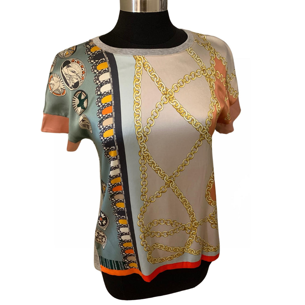 Luxury Marc Cain silk front panel top, multicolor prints, short sleeve casual chic