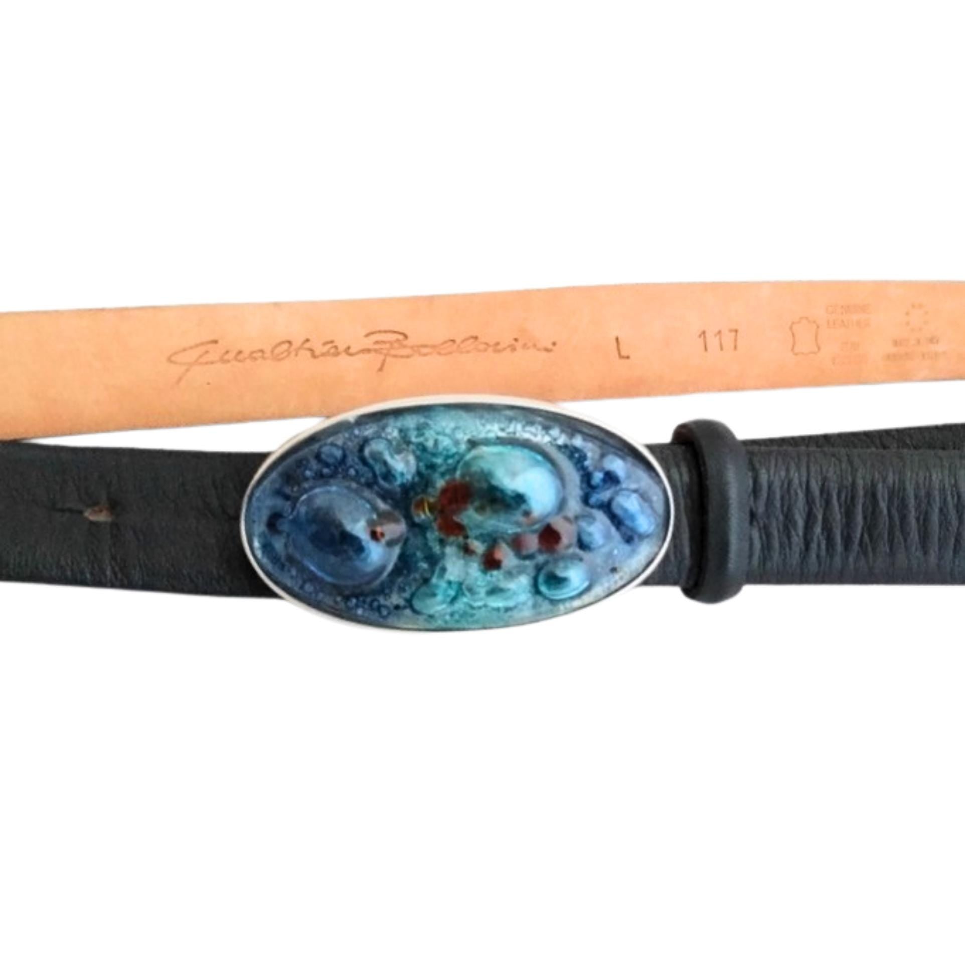 Luxury Italian belt with hand-blown glass buckle, stainless steel hardware, 95cm length