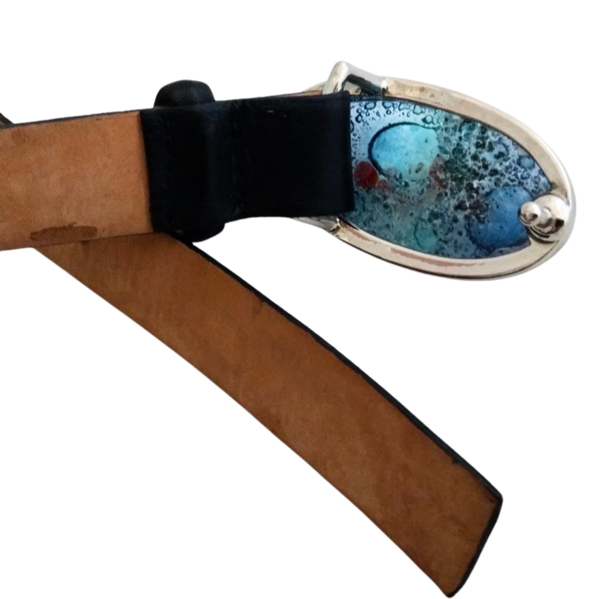 High-end Italian leather belt, statement buckle with fused glass bubble art, pre-loved