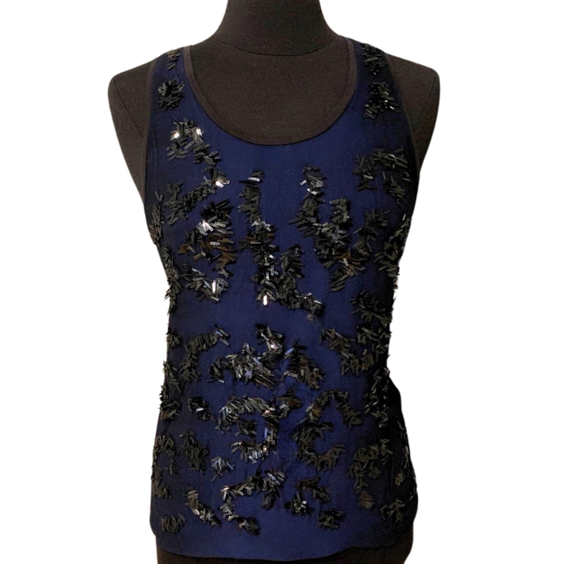 Stella McCartney racerback tank top, navy and black, sequined front, IT 42 US 8