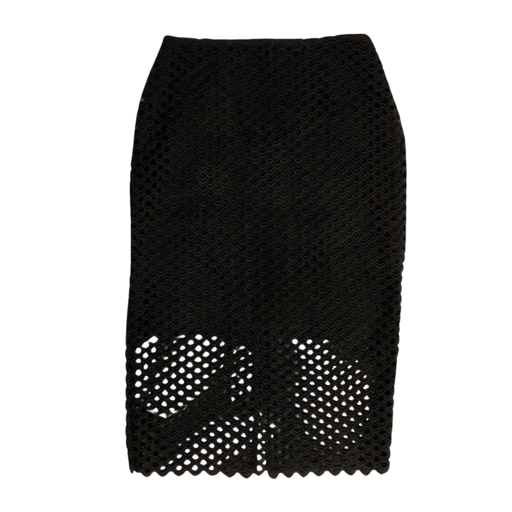 Luxury Scandinavian lace skirt, fitted silhouette, intricate openwork tape lace
