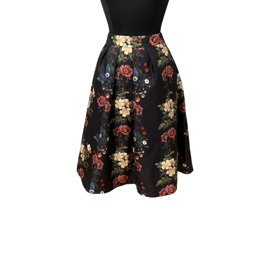 Luxury Ted Baker floral jacquard skirt, high-rise waist, structured pleats, fully lined