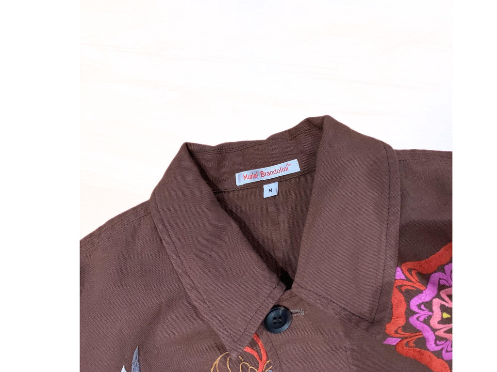Luxury designer brown floral coat, artistic embroidery, bohemian fashion statement