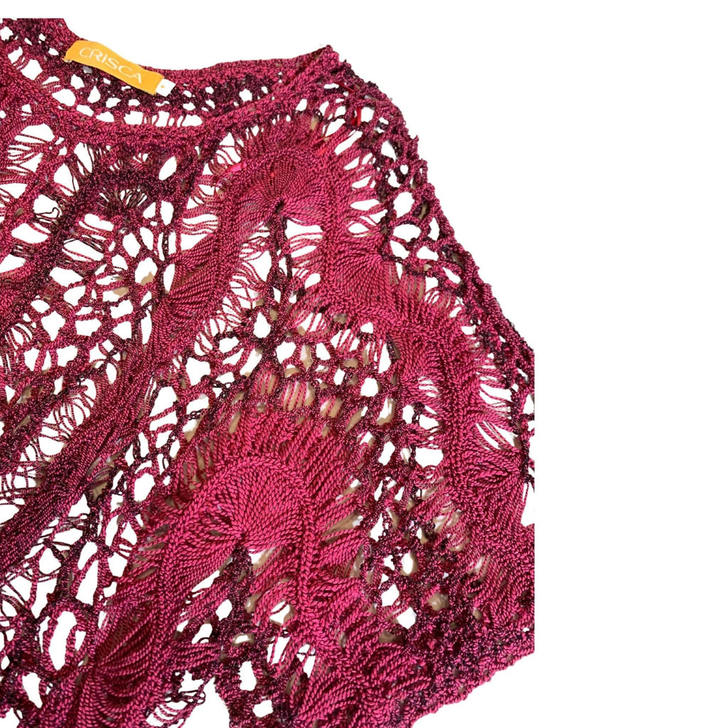 Crisca magenta and fuchsia knit top, short sleeve, crochet neckline, size M