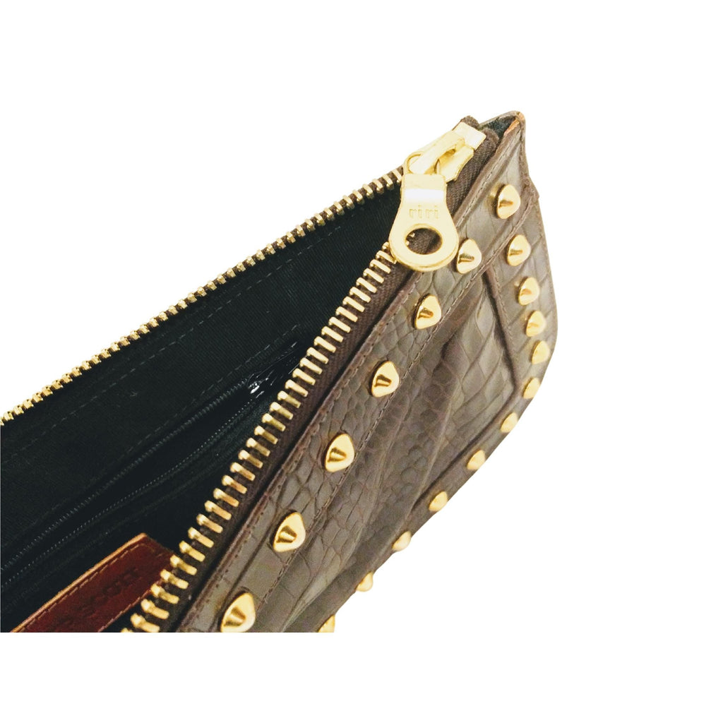Jennifer Scott brown leather clutch with gold studs and croc-embossed texture