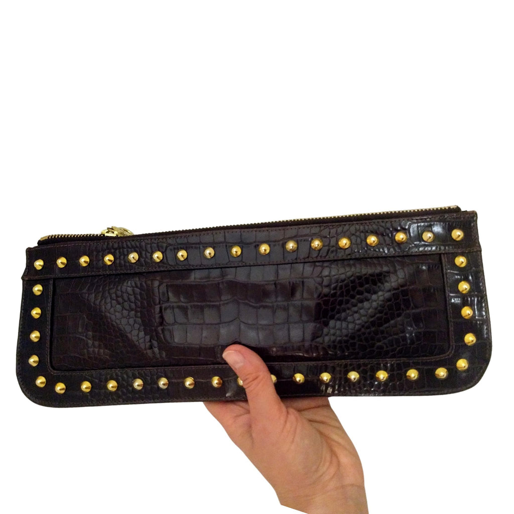Jennifer Scott Brown Croc-Embossed Leather Clutch – Gold Studded, Zipper Closure