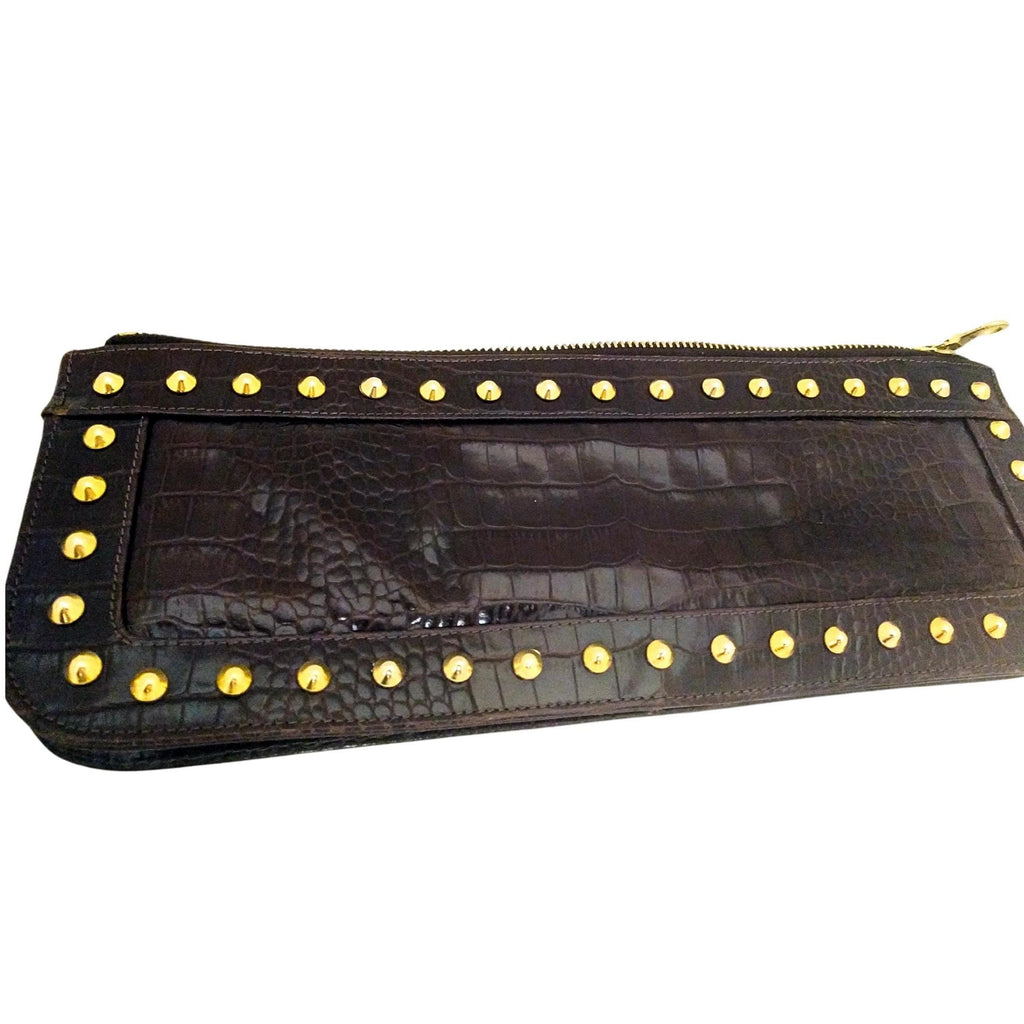 Shop this Jennifer Scott brown croc-embossed leather clutch featuring gold studs, gold zipper closure, and a fabric-lined interior. A luxury designer piece, perfect for evening elegance or casual sophistication.