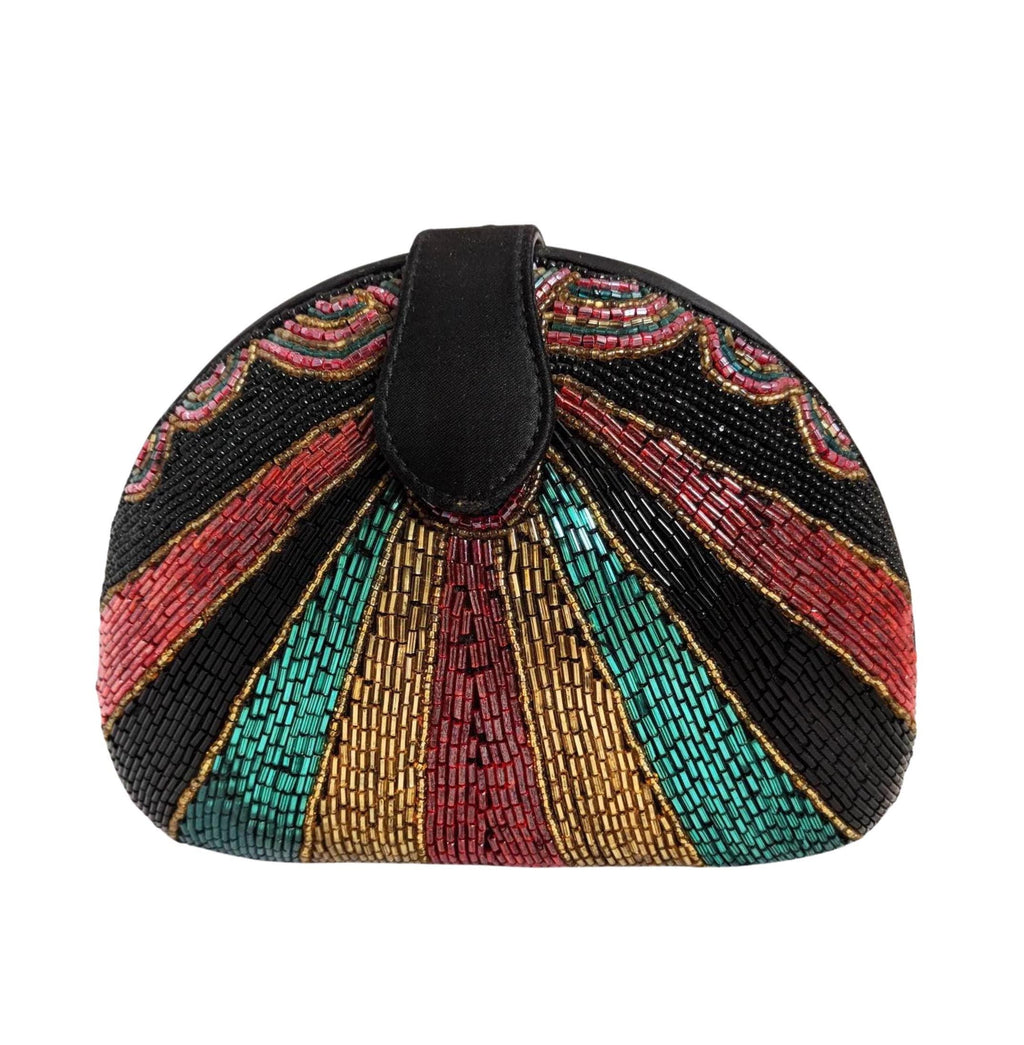 Vintage Bob Mackie Rainbow Beaded Clutch – Multicolored Glass Beads, Convertible Evening Purse with Removable Strap, 7.5” x 6”