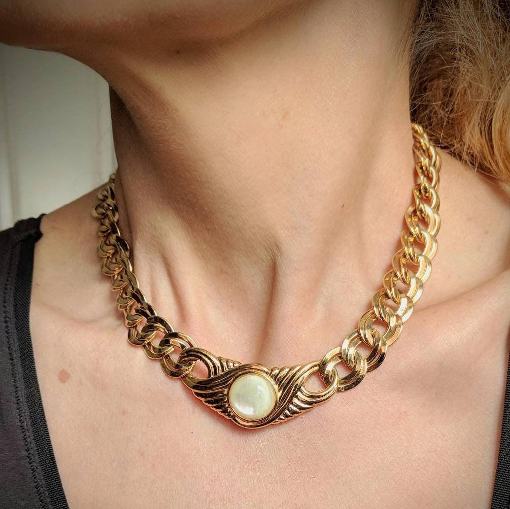 Signed Monet gold-tone necklace, classic vintage choker, 17-inch length