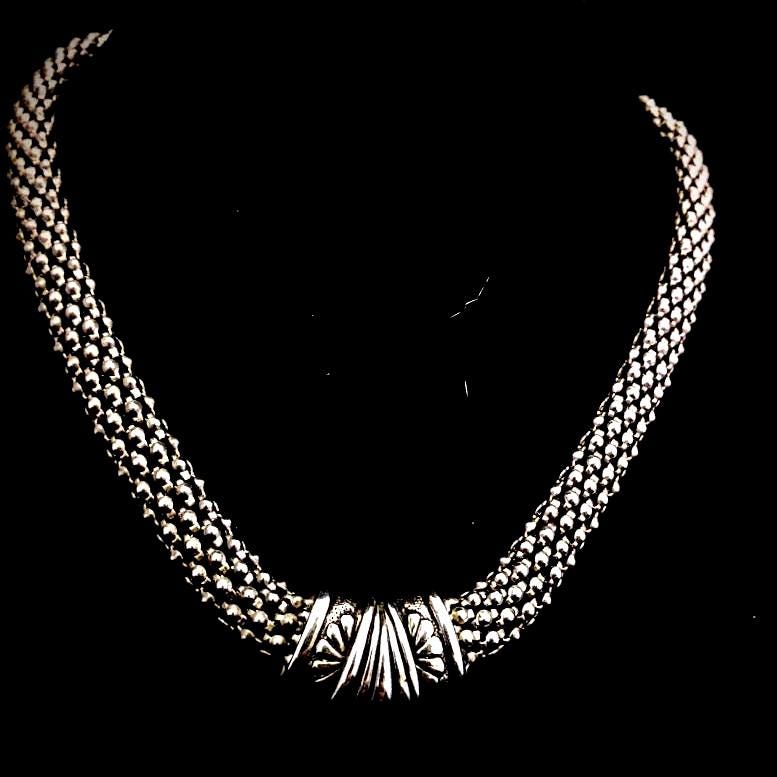 Etruscan-inspired mesh choker necklace, silver-tone with magnetic clasp