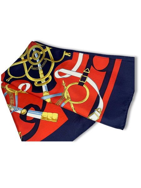 Rare Hermès scarf, navy and red silk, signed Henri dOrigny, equestrian motif