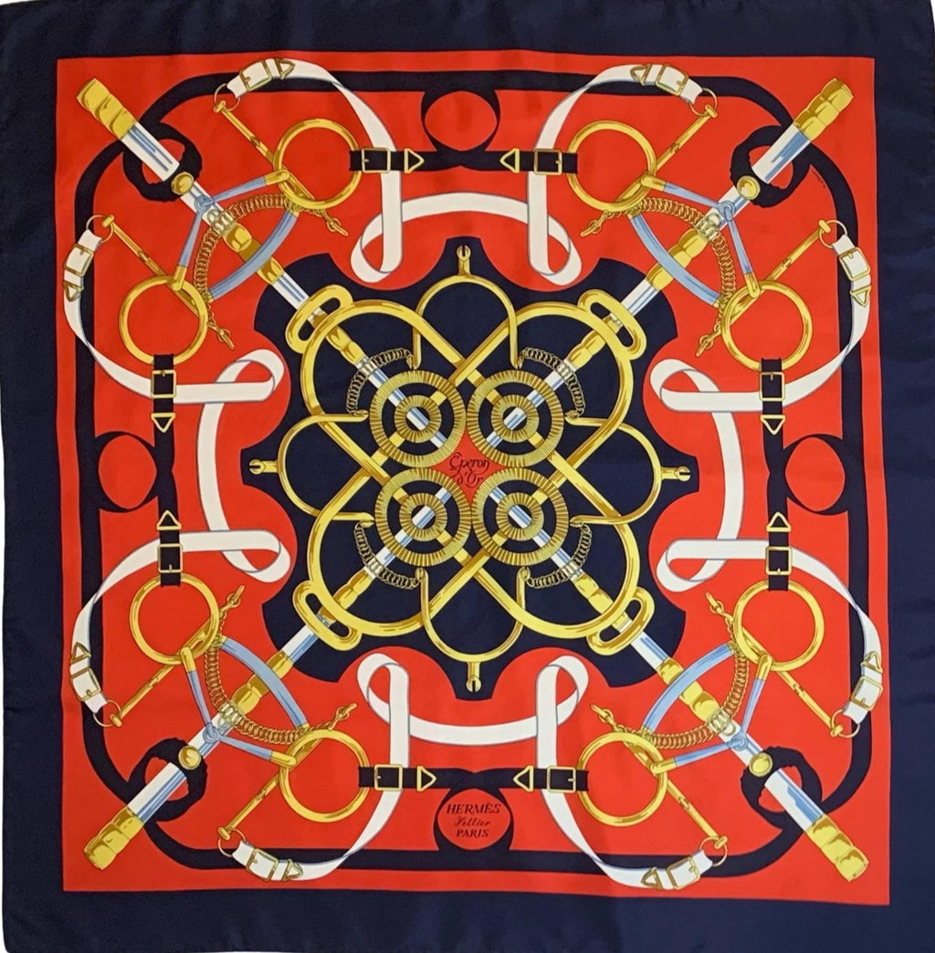 Rare Hermès scarf, navy and red silk, signed Henri dOrigny, equestrian motif