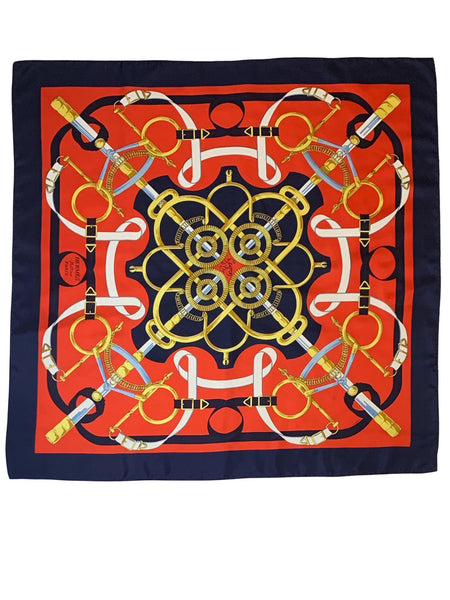 Rare Hermès scarf, navy and red silk, signed Henri dOrigny, equestrian motif