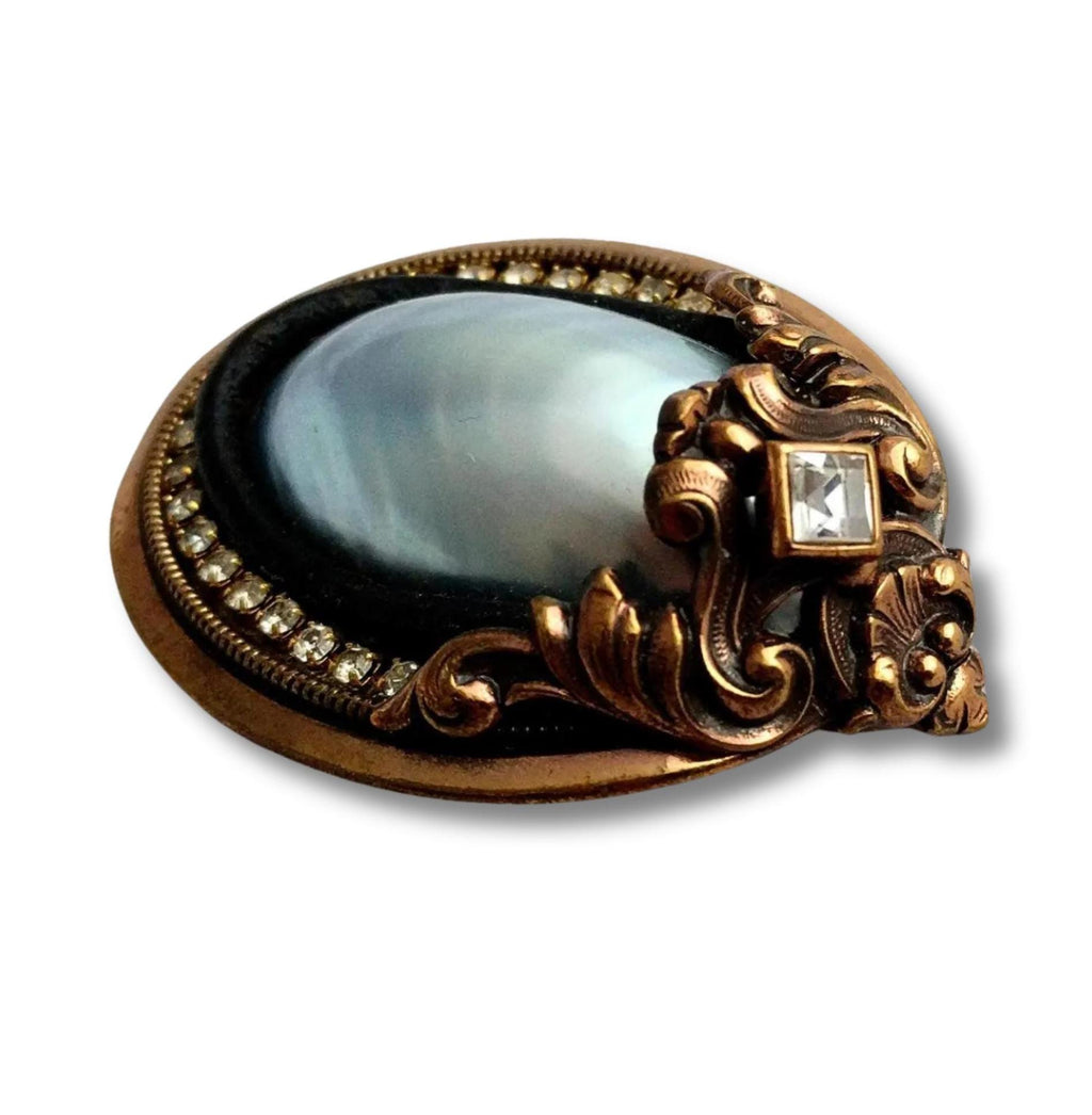 Vintage Ermani Bulatti brooch, pearl centerpiece, signed, 2-inch statement pin