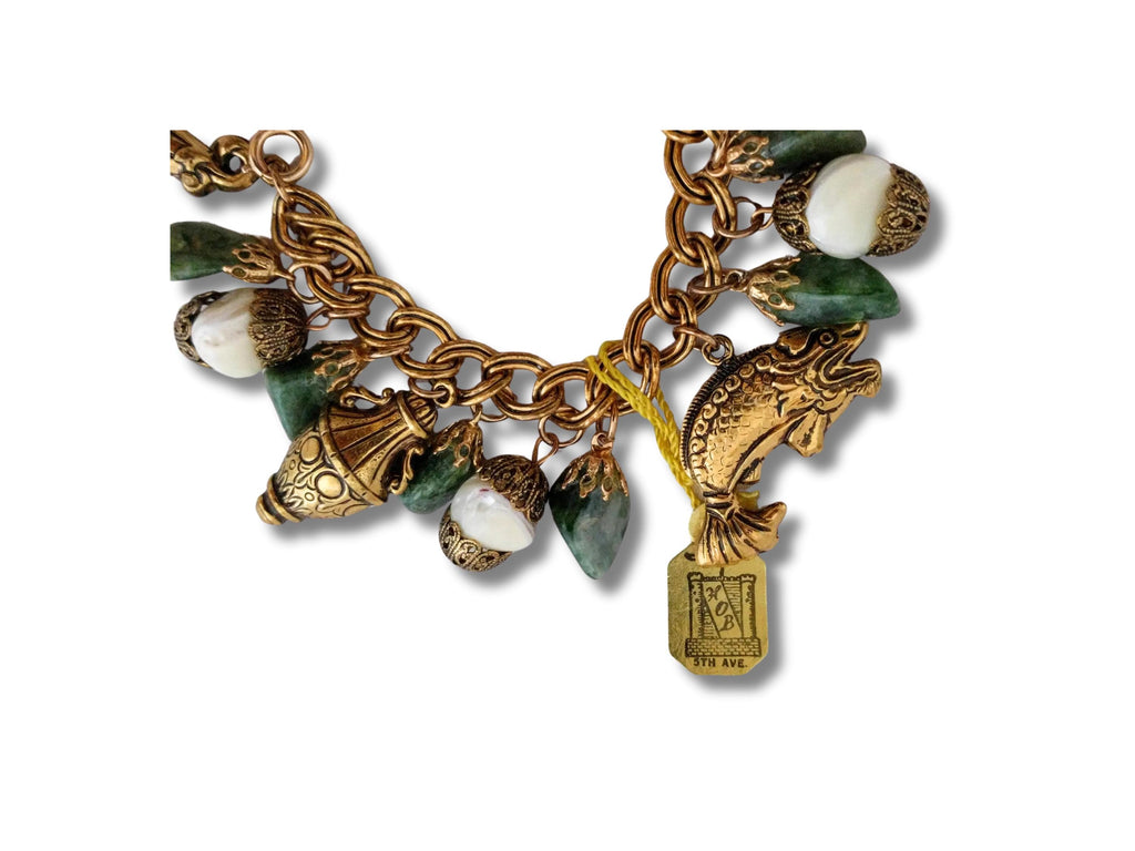 Vintage Jade & Mother of Pearl Charm Bracelet – Elegant Green White Gemstone Bracelet, Collectible Jewelry, Retro Statement Piece - Vintage