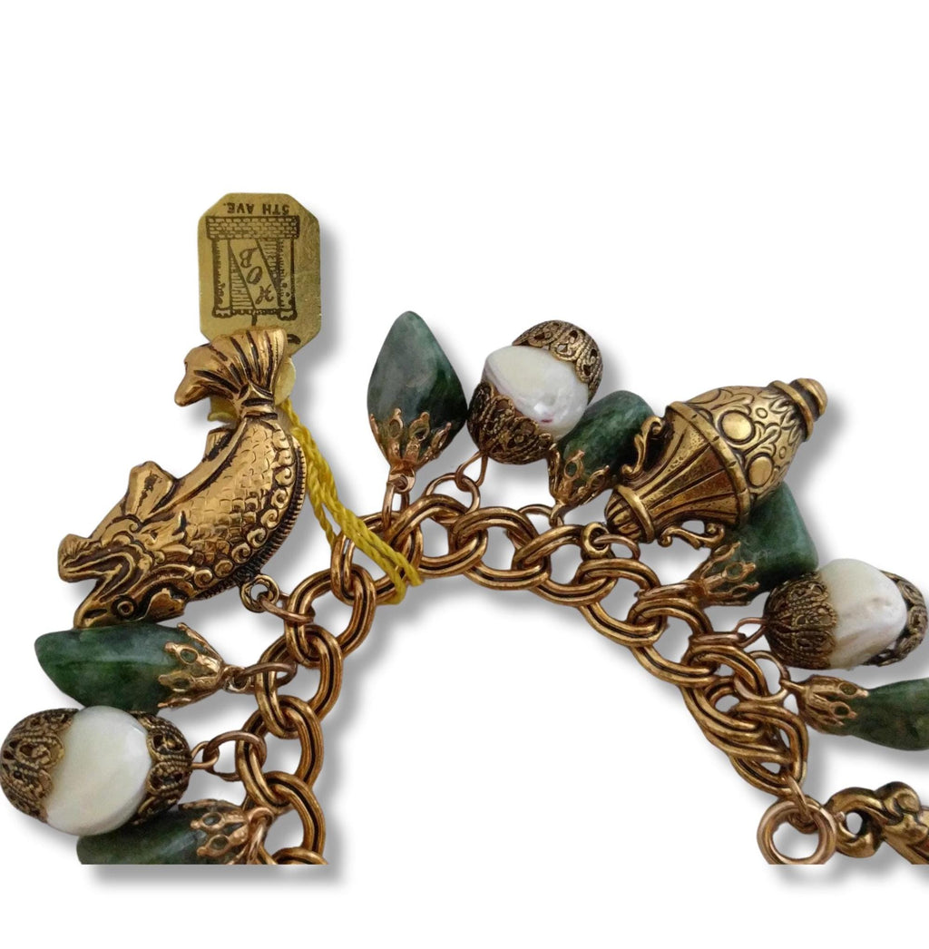 Double chain jade and pearl bracelet, 7.5 inches, never worn, HOB 5th Ave - Vintage charm bracelet with original tag