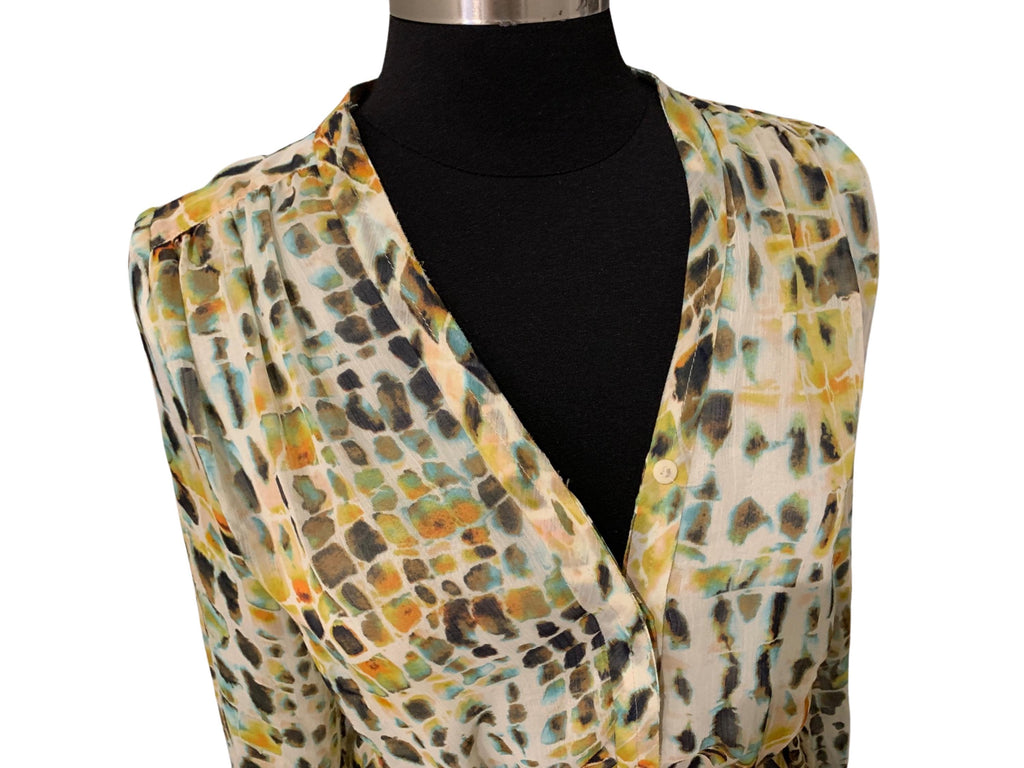 Simply Vera Vera Wang long-sleeve blouse, brown, yellow, orange, and blue hues