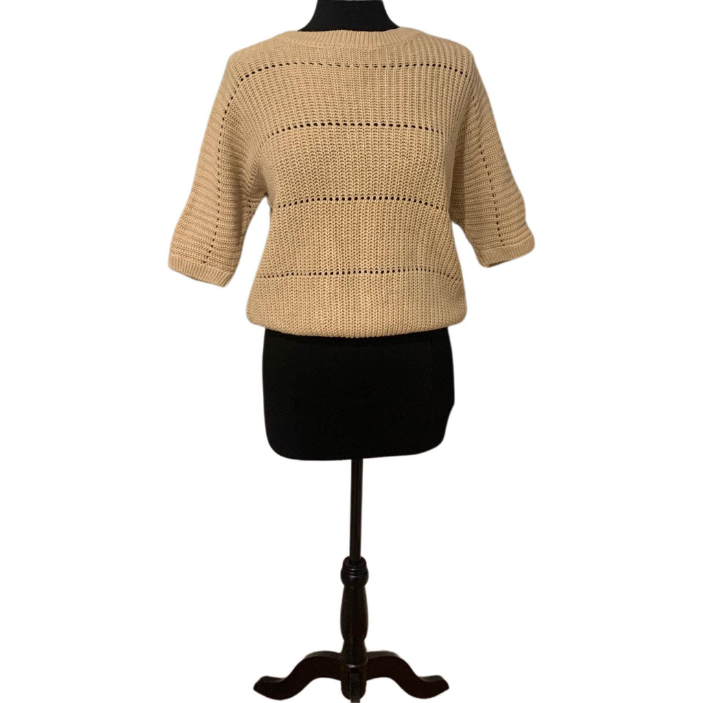 Luxury DVF open-knit sweater, relaxed fit, batwing silhouette, breathable ramie blend
