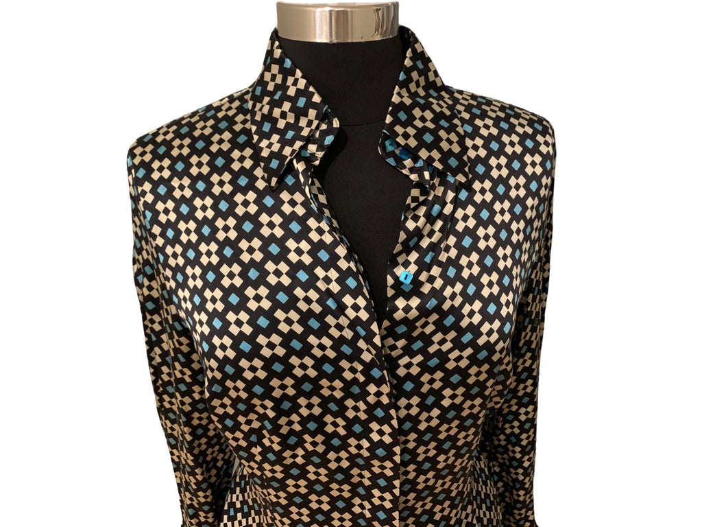 Luxury Louis Féraud silk shirt, black, blue, beige, subtle LF branding, elegant