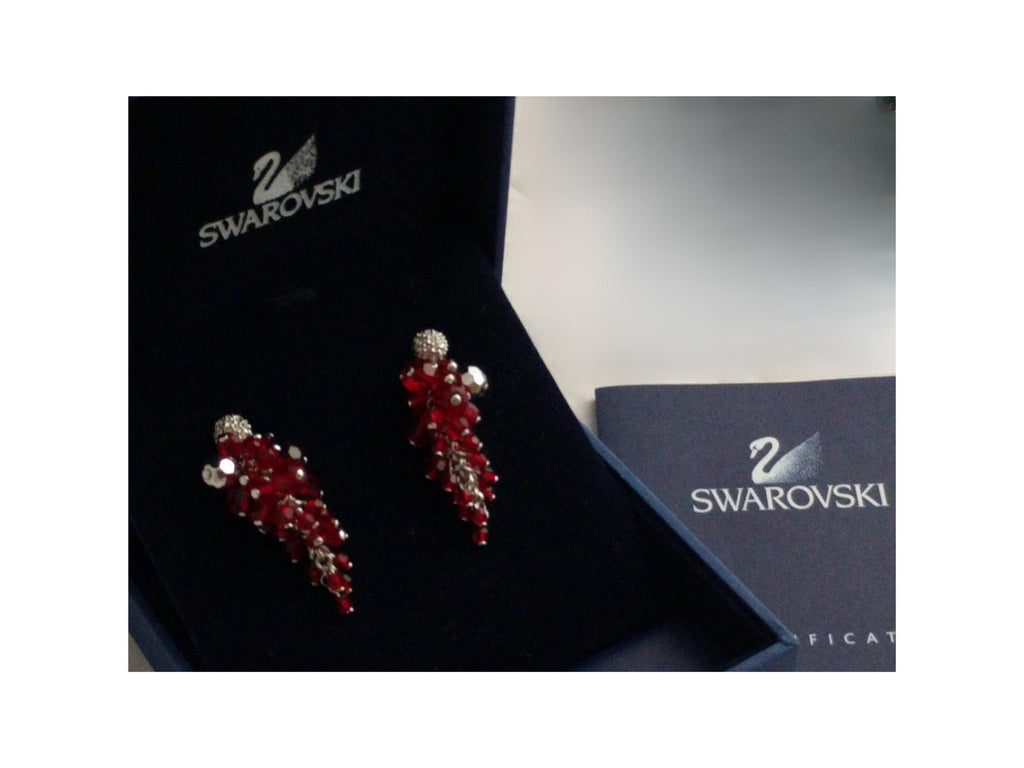 Swarovski Diamanta Pave Earrings with Red Crystal Cluster Jackets – Rhodium-Plated Dangle, 1.5" Long, Original Box