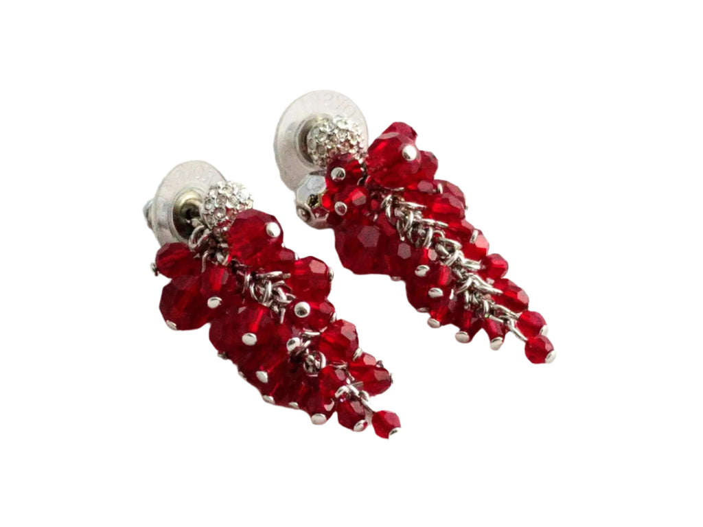 Swarovski Diamanta Pave Earrings with Red Crystal Cluster Jackets – Rhodium-Plated Dangle, 1.5" Long, Original Box