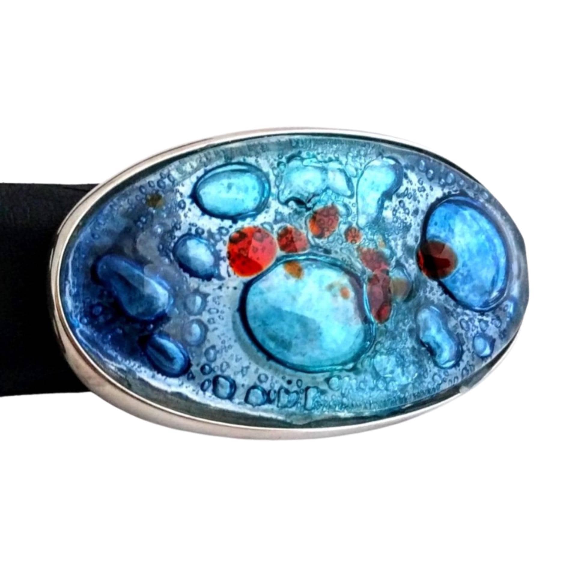 Qualheim Bollorini Italian leather belt, Murano glass buckle, bubble art design, size L