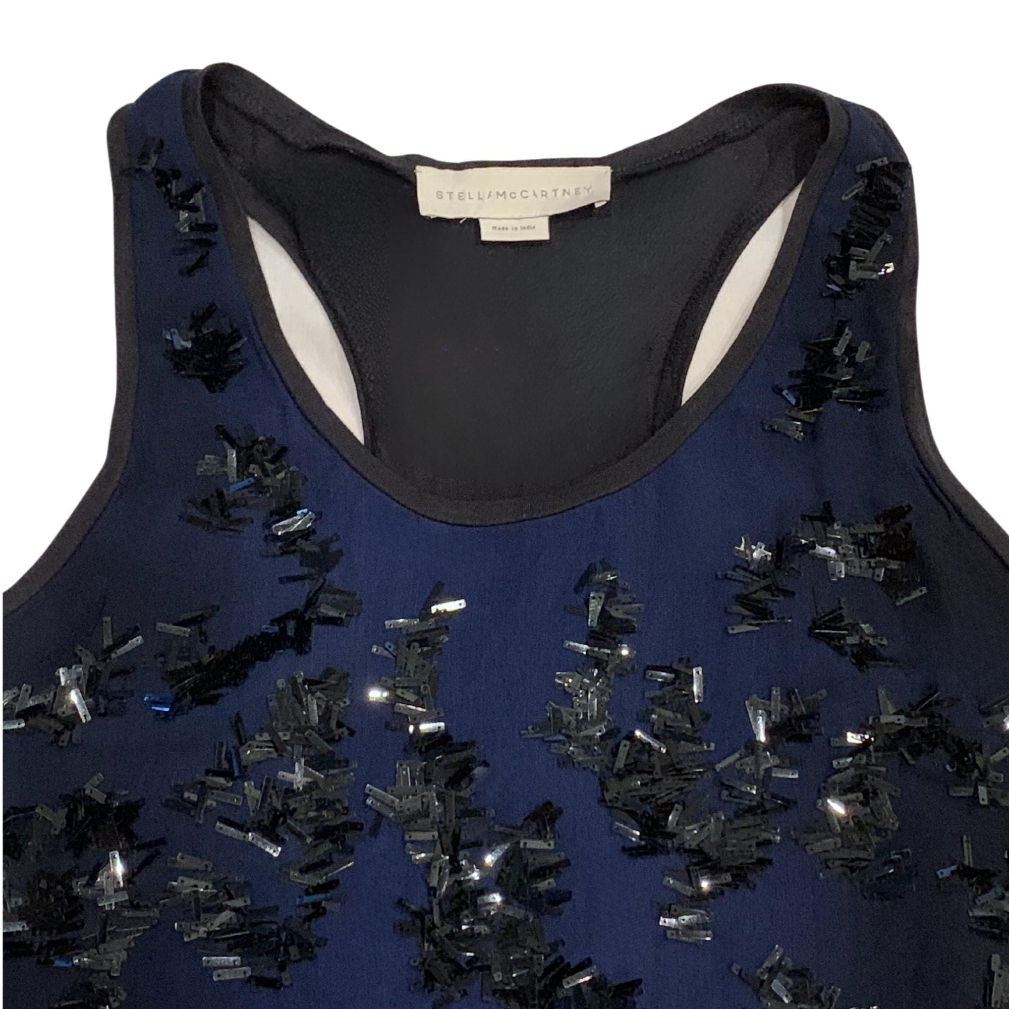 Stella McCartney racerback tank top, navy and black, sequined front, size IT 42 US 8