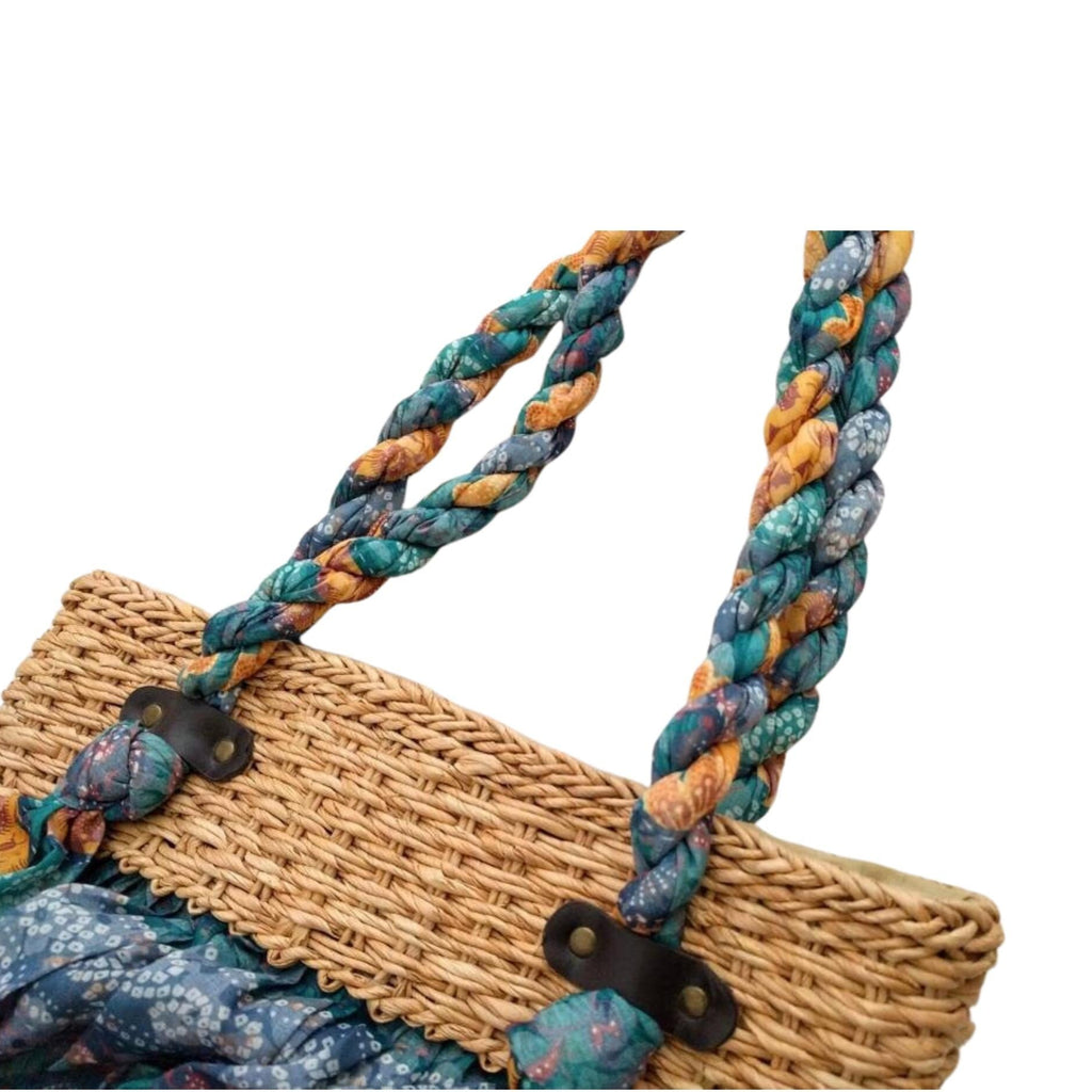 Bohemian-style vintage tote bag, 90s fabric and straw handbag, lightweight & durable