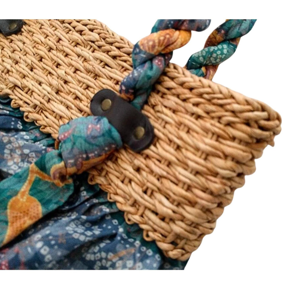 Chic resort bag, twisted fabric handle, playful cottagecore aesthetic, excellent condition