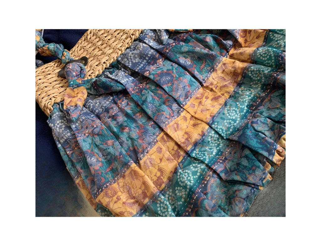 Buy retro woven straw tote, multicolored ruffled fabric trim, lightweight summer bag