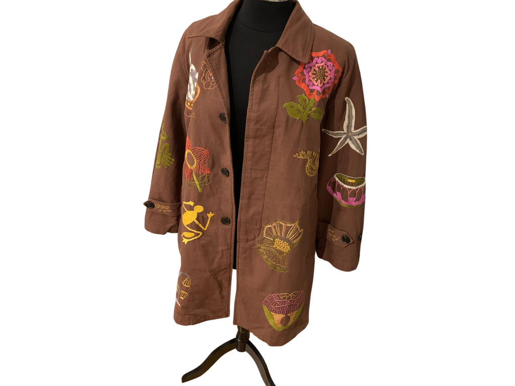Unique floral embroidered coat, structured silhouette, luxurious pre-loved fashion