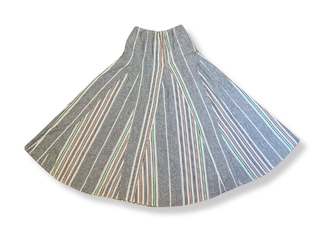 Lightweight breathable maxi skirt, earthy tones, gray green orange, flowy silhouette