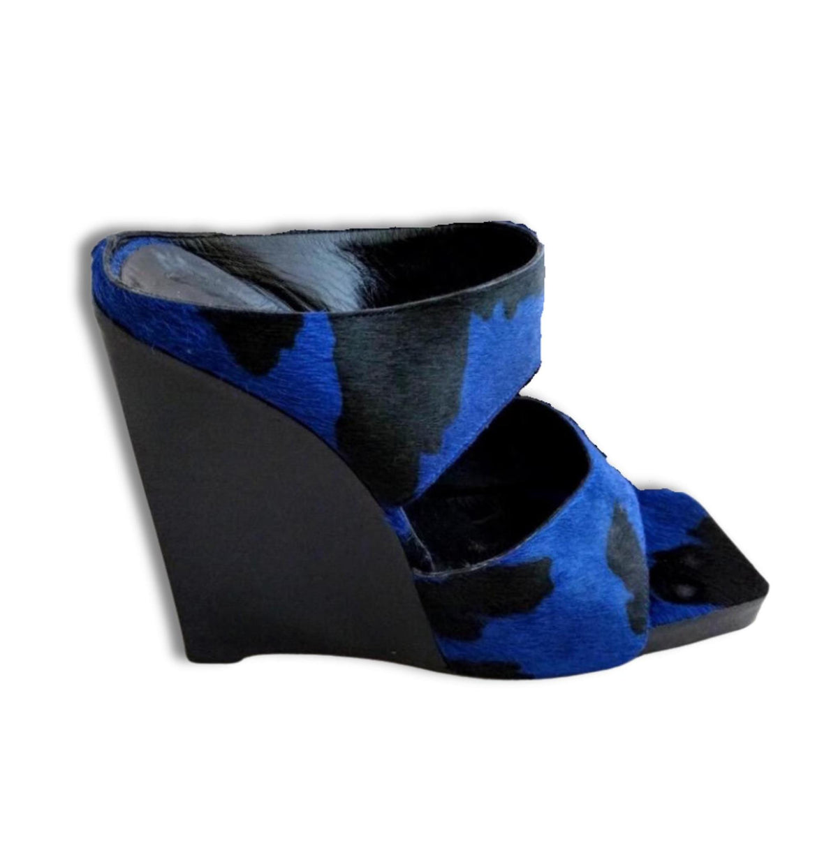 Vivien Lee square toe wedge sandals, black and blue leather, size 37