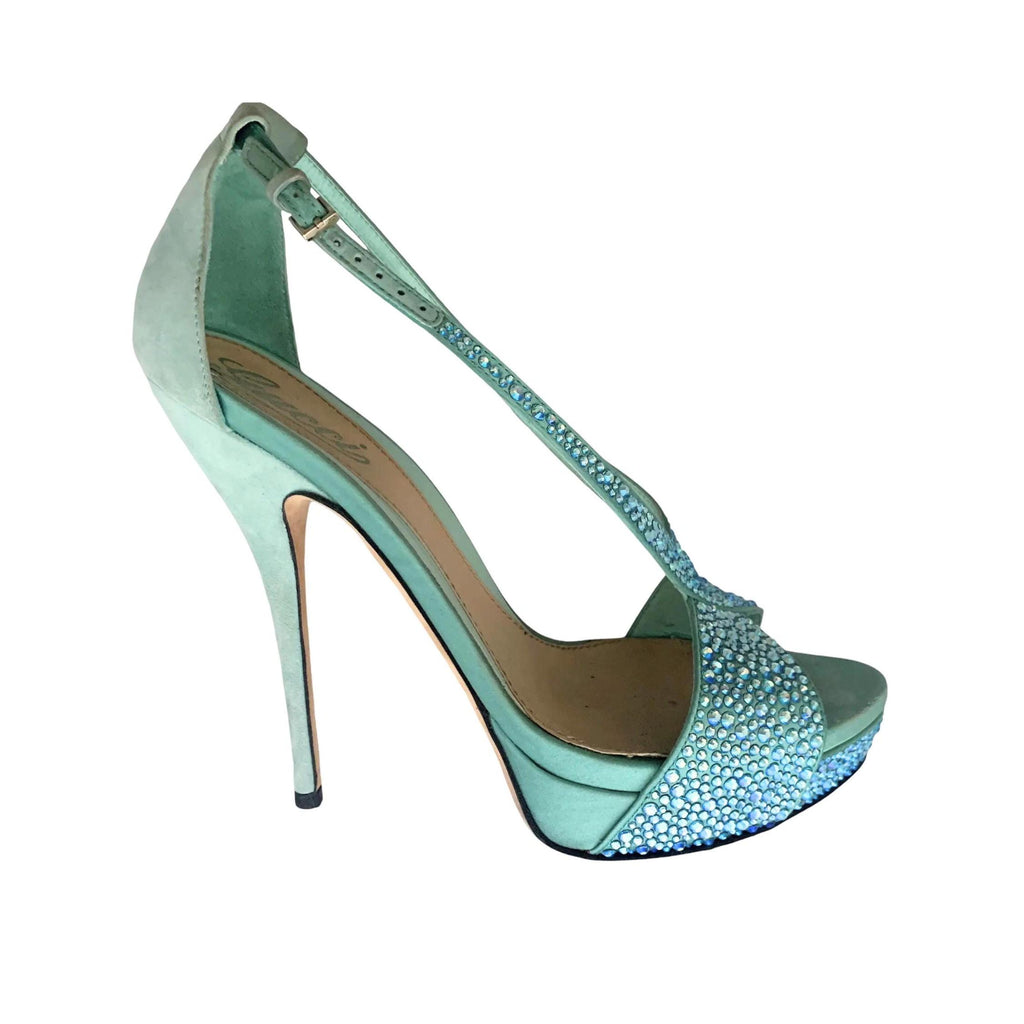 Gucci Crystal-Adorned Stiletto Sandals – Aquamarine Suede and Satin, Size 38, Made in Italy