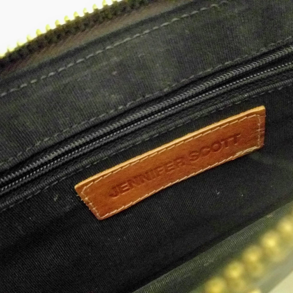 Jennifer Scott clutch bag, gold zipper, fabric-lined interior with pocket - Stylish brown crocodile leather clutch with gold details for evening wear