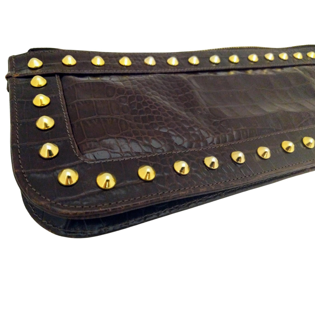 Jennifer Scott brown leather clutch with gold studs and croc-embossed texture - Gold-studded designer clutch, brown croc-embossed leather, luxury accessory
