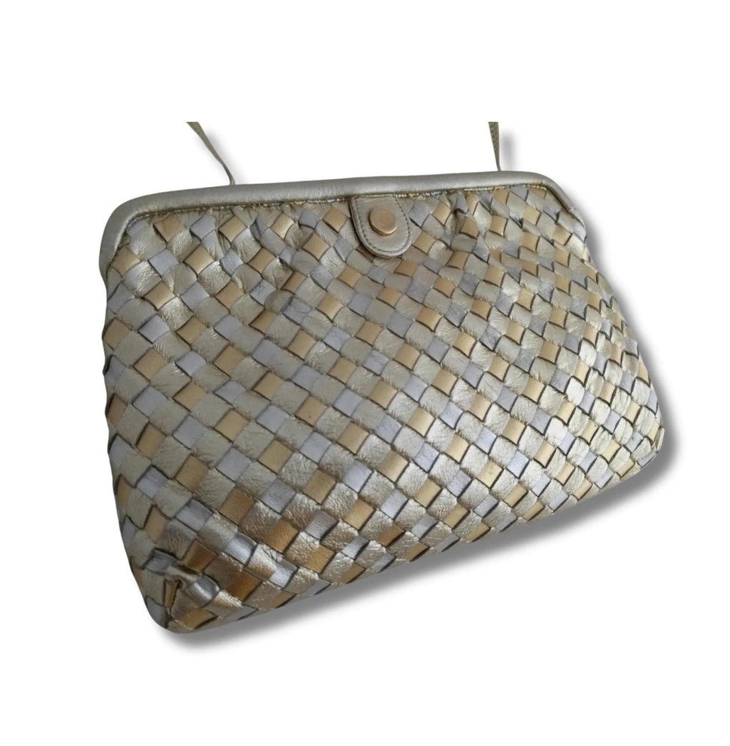 Rare 1980s Morris Moskowitz Woven Bag – Metallic Gold/Silver Leather Clutch