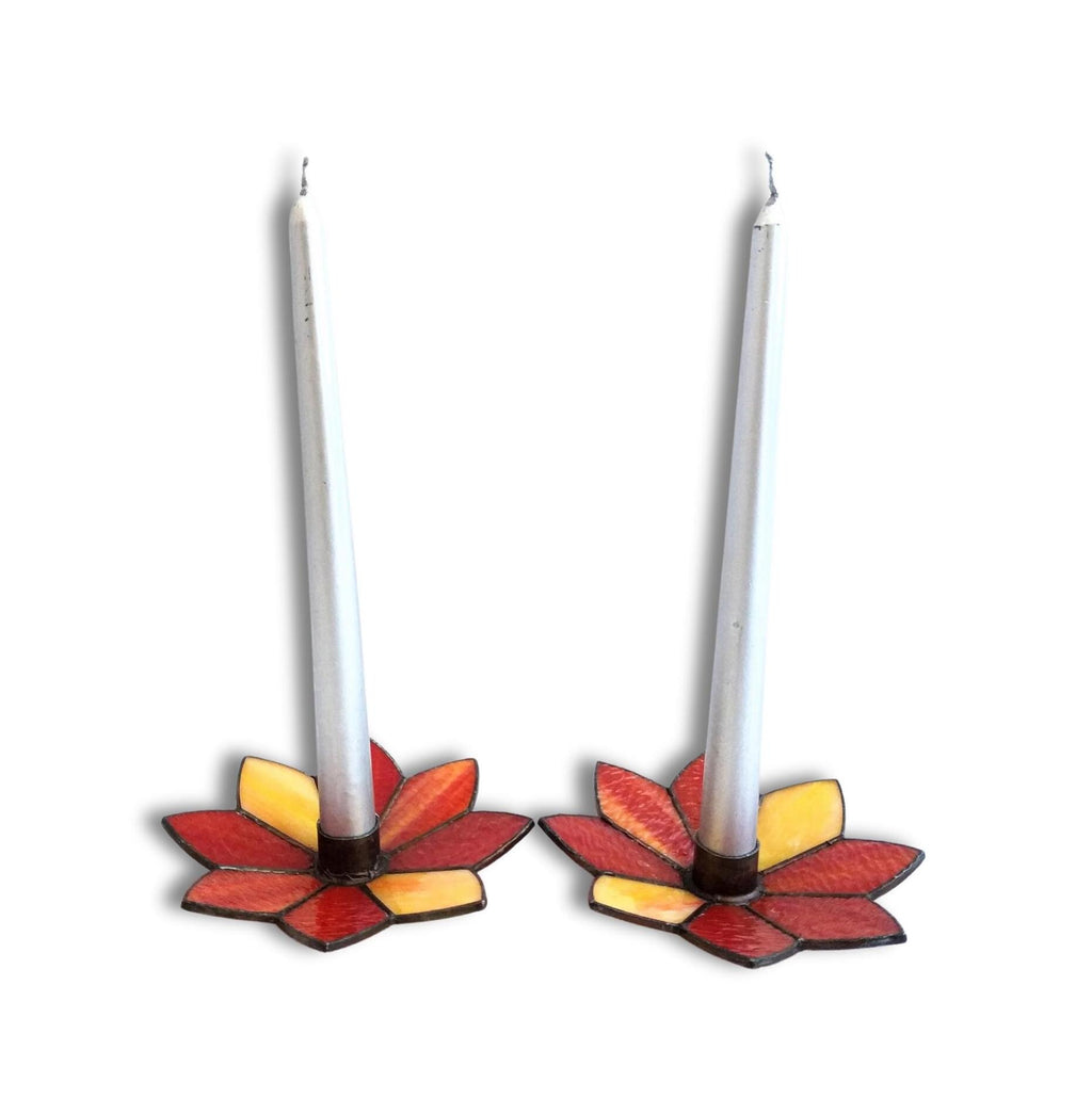 Candle Holders colored glass stained glass style candle holders Rare candle holder Vintage Mid-Century Flower Design candleholder